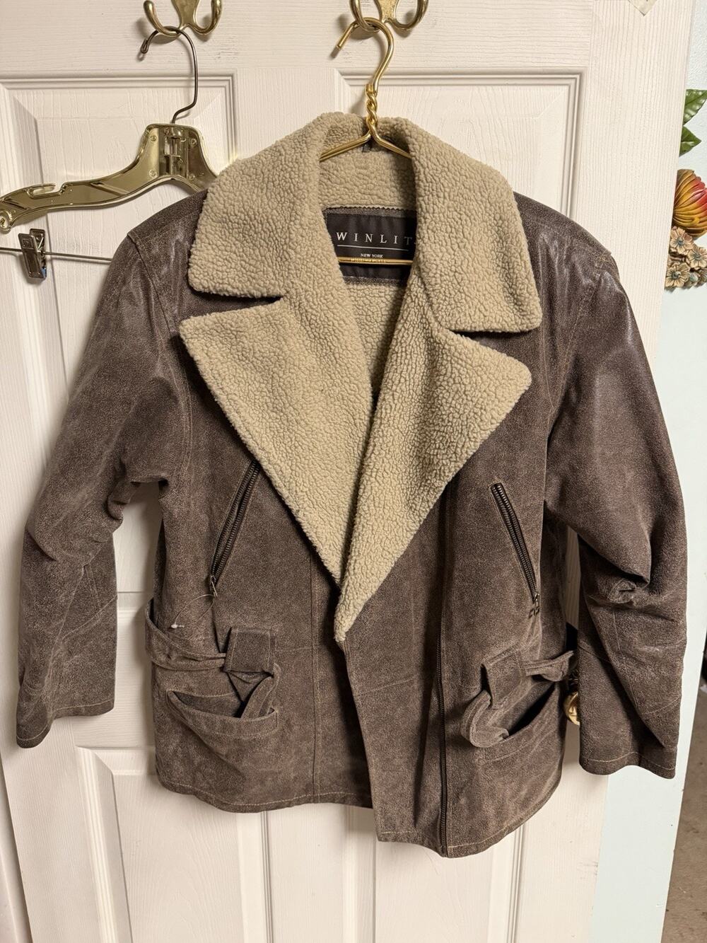 Winlit Jacket Med Brown Leather Sherpa Collar Moto Belted VTG 42w Distressed